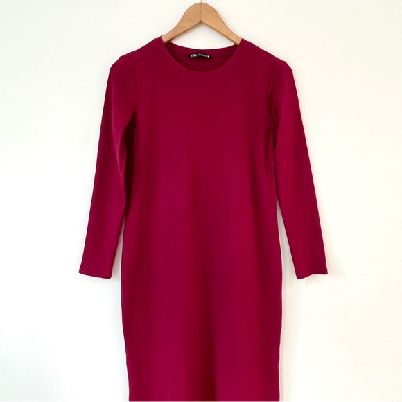 Zara Long Sleeves Ribbed Midi Dress Maroon Red Stretch Womens S - Picture 3 of 8